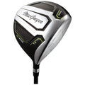 A golf driver with a polished silver head features black accents and branding on top. The club has a sleek design with visible grooves on its face for enhanced performance.