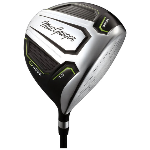 A golf driver with a sleek silver and black design rests at an angle showcasing its face and branded name prominently, surrounded by a simple white background.