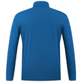 A long-sleeved blue shirt is displayed from the back showcasing its smooth texture and collar in a neutral setting without distractions or additional elements around it.