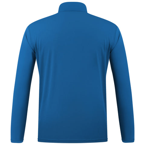 A long-sleeved blue shirt is displayed from the back showcasing its smooth texture and collar in a neutral setting without distractions or additional elements around it.