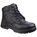 A black waterproof boot with a sturdy sole is displayed standing upright featuring laces and metal eyelets in a neutral setting highlighting its durable design for outdoor conditions.