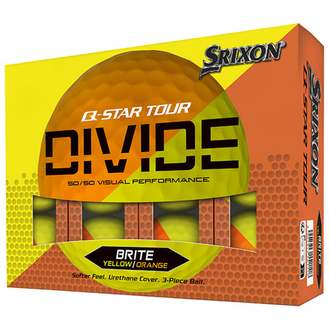 A box of golf balls is displayed with a bright yellow and orange design the balls are visible in a segmented shape the text highlights the brand Q-STAR TOUR DIVIDE 50/50 VISUAL PERFORMANCE BRITE YELLOW/ORANGE