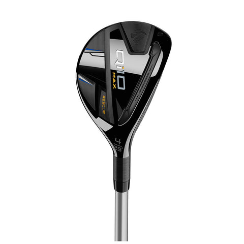 A golf club titled Q10 Max Rescue is displayed upright with a sleek black and silver design featuring a textured grip and markings indicating it is a four hybrid with a loft of 23 degrees