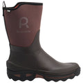 A dark brown waterproof boot stands upright showcasing a smooth rubber lower section and a textured fabric upper with the logo Rouchette prominently displayed. This boot is designed for wet conditions.