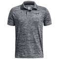 A gray striped polo shirt is displayed flat with a collar and short sleeves. The shirt features a logo on the left chest area and is designed for casual wear.