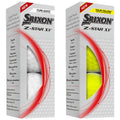 Two packaging boxes for Srixon Z-Star XV golf balls are displayed side by side. One features a pure white ball while the other showcases a tour yellow ball. Each box highlights product features.