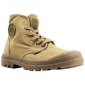 A tan canvas boot features a high profile with metal eyelets and laces. The rubber sole has a textured grip and the boot is placed on a neutral background.