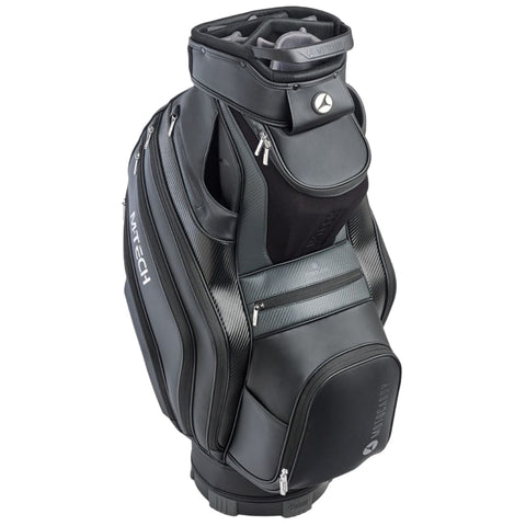 A sleek black golf bag stands upright featuring multiple zippered pockets and a compartment for clubs on top while showcasing a modern design suitable for carrying golf equipment on the course