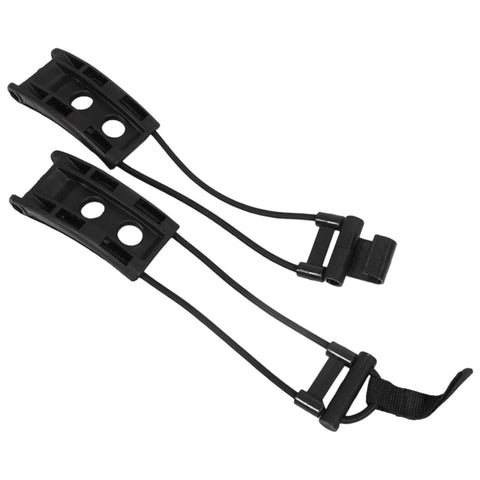 Black plastic binding clips are connected by elastic cords resting on a flat surface designed to hold items together securely in various applications.