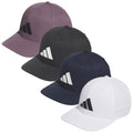 Four caps are displayed in a row featuring a curved brim and a logo on the front. They are colored purple, black, navy, and white set against a plain background.