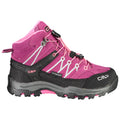 A purple and black hiking shoe is positioned for display featuring waterproof material and a rugged sole the shoe includes pink laces and branding on the sides.