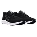 Black athletic shoes with a lightweight design are positioned side by side showcasing a textured surface and white soles suitable for running or training in a neutral setting.