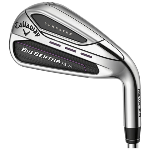 A golf iron club features a shiny silver head with "Callaway" and "BIG BERTHA REVA" branding visible on the side and back contextually designed for enhanced performance in golf.