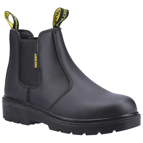 A black Chelsea boot features elastic side panels and a textured rubber sole. The boot is upright, showcasing its smooth surface and sturdy design, suitable for various environments.