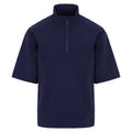 A navy blue short-sleeve pullover with a quarter zip at the collar is displayed against a plain white background emphasizing its design and simplicity.