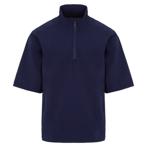 A navy blue short-sleeve pullover with a quarter zip at the collar is displayed against a plain white background emphasizing its design and simplicity.