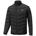 A black padded jacket with a zip front and stand-up collar features diagonal quilted lines and a small logo on the upper left side designed for warmth in cool weather.