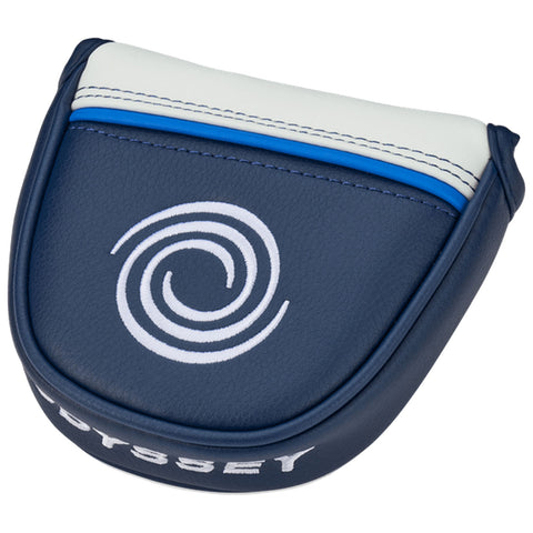 A blue golf putter headcover is resting on a flat surface featuring a white spiral logo and a contrasting white and blue band at the top with visible stitching.