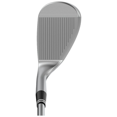 A golf club head is displayed showing its angled face with grooves designed for ball grip positioned against a white background emphasizing its sleek metallic finish and ergonomic design.