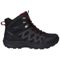 A black hiking boot with red accents is positioned against a neutral background featuring a waterproof design laced up tightly and showcasing a rugged sole for traction on challenging terrains.