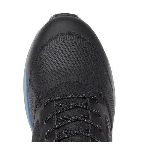 A black athletic shoe with textured surfaces and blue accents is positioned upright with shoelaces tied, suggesting readiness for activity in a sports or fitness context.