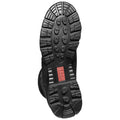 A black boot sole is positioned upward showing a rugged tread design and a central red logo surrounded by textured patterns indicating durability and traction suitable for various surfaces