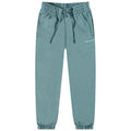 Light green sweatpants with an elastic waistband and drawstring feature side pockets and gathered cuffs at the ankles designed for comfort in casual settings.