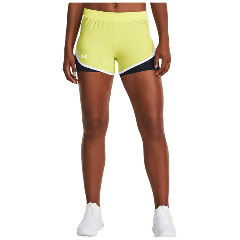 Bright yellow athletic shorts with black trim are worn by a person standing upright, showcasing a sporty and active apparel choice in a neutral setting.