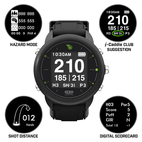 A golf smartwatch displays various metrics including shot distance total yards suggested club and digital scorecard in a black and green design with an easy-to-read screen.