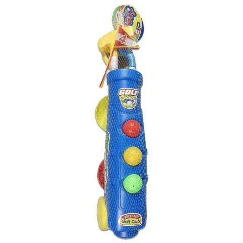 A blue toy golf club with colorful buttons is positioned upright in a mesh bag. It features a yellow top and a design labeled with "Golf Sport" and "Golf Club."