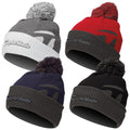 Four knitted beanies with pom-poms are displayed in various colors including grey red navy and black showcasing the logo of TaylorMade prominently on each hat.