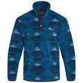 A blue patterned fleece pullover features a high collar and buttoned neck. The design includes geometric shapes in varying shades of blue, set against a soft fabric texture.