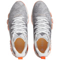 Gray and white athletic shoes with textured mesh uppers feature orange accents and white laces placed centrally on a plain background highlighting their design and materials