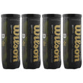 Four cylindrical black canisters labeled Wilson contain padel balls arranged side by side against a plain background showcasing branding and product details prominently on each canister.