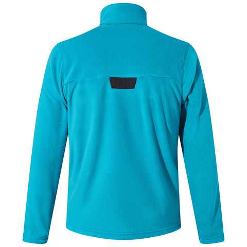 A turquoise fleece jacket is displayed with a high collar and black patch on the back. The jacket's soft texture suggests warmth, ideal for cooler weather or outdoor activities.