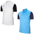 Two short-sleeved polo shirts are displayed side by side. One shirt is predominantly white with black sleeves while the other is light blue with a geometric pattern and navy blue sleeves.