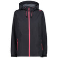 A black jacket with a hood features bright pink zippers and drawstrings The jacket is designed for outdoor wear and appears lightweight and functional