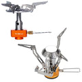 A portable camping stove features a metallic body with adjustable arms for holding cookware while supplying heat from an orange base illuminating its metal components against a plain background.