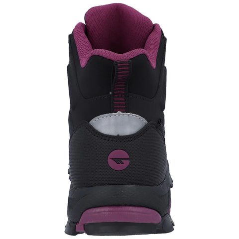 A black and purple boot stands upright showcasing its high ankle support and textured material designed for durability and comfort placed against a plain background.