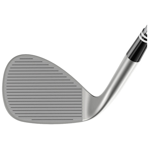 A golf club head is positioned at an angle revealing a smooth metallic surface with grooves. The design suggests it's ready for striking a golf ball on a course.