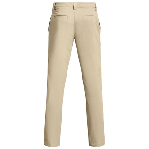 Beige pants are displayed upright showcasing their straight-leg design with two back pockets in a neutral setting that emphasizes their casual and versatile style