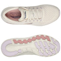 A light-colored athletic shoe is displayed from a top view showcasing a mesh upper and laces while the sole features varying textures and colors designed for grip and cushioning. Text on the insole reads SKECHERS Air-Cooled ArchFit.