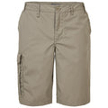 Khaki cargo shorts hang vertically displaying a waistband with a button and zipper while featuring side pockets ideal for casual outdoor wear suitable for warm weather activities.