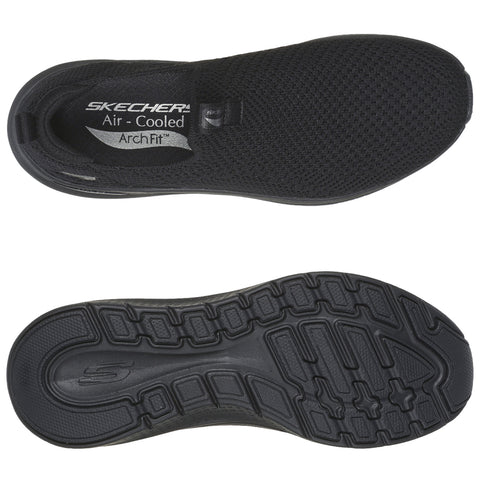 A black sneaker is displayed from the top and bottom views showcasing a mesh upper and a textured rubber sole with an engraved pattern designed for traction and comfort. The insole features SKECHERS Air-Cooled ArchFit branding.