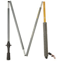 Three trekking poles are displayed in a row with varying lengths and colors including gray and orange they're designed for outdoor hiking and are found in a product showcase setting