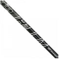 A black and whitegolf club shaft rests at an angle showcasing its sleek design and patterns against a plain background highlighting its features and branding.