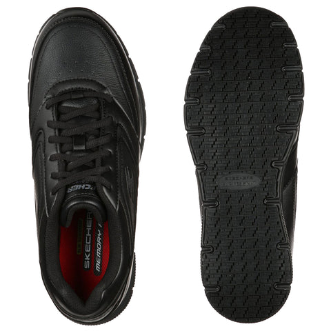 A pair of black Skechers shoes is displayed from the top and bottom views showing the textured sole and branded interior indicating a slip-resistant design for comfortable wear.