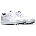 White athletic shoes are displayed prominently with a smooth design featuring a lightweight upper and rubber spikes on the sole suggesting suitability for golfing or outdoor activities