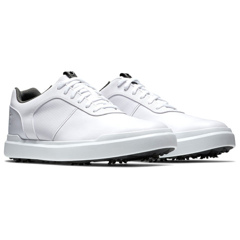 White athletic shoes are displayed prominently with a smooth design featuring a lightweight upper and rubber spikes on the sole suggesting suitability for golfing or outdoor activities