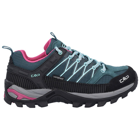 A waterproof hiking shoe features a dark teal upper with pink accents and grey soles. It has a sturdy design with contrasting laces and a textured grip suitable for outdoor activities.